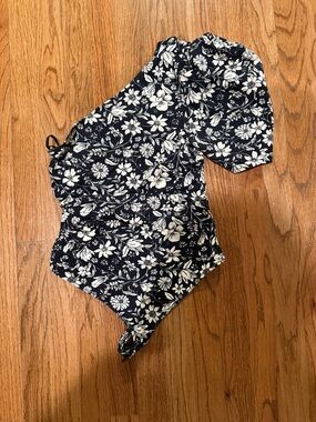 Free People Black and White Floral One-Shoulder Bodysuit